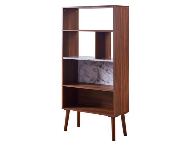 Versanora Kingston Bookshelf Bookcase Storage with Faux Marble Top for Living Room Bedroom Home and Office 58 Inch Height Walnut