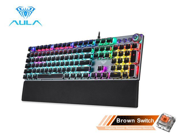 AULA F2088/F2058 Mechanical Gaming Keyboard Detachable wrist rest Multimedia Knob 104 Keys Anti-ghosting Marco Programming metal panel LED Backlit