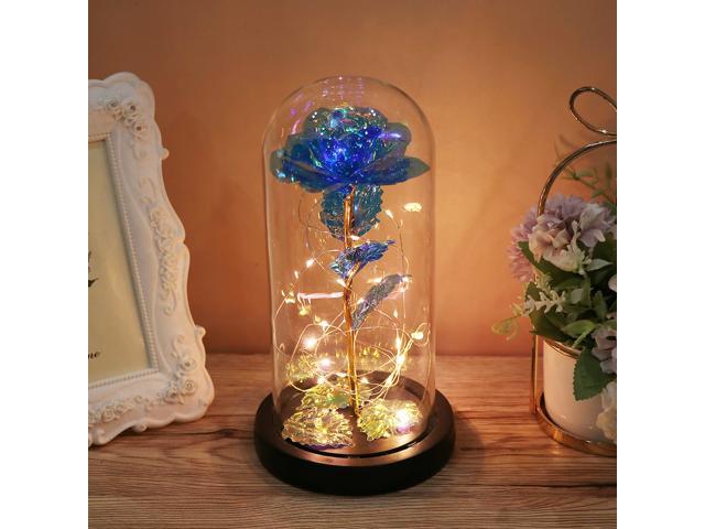 1Pc Simulative Rose LED Lamp Delicate Glass Rose Cover Decoration Desktop Night Light Layout Valentine Day Flower Gift (Goldleaf Blue Three Leaf)