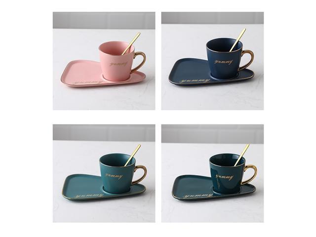Ceramic Coffee Cup Nordic Style Tea Cup Tray Afternoon Tea Set Tableware Tray without Spoon Pink (300ml)