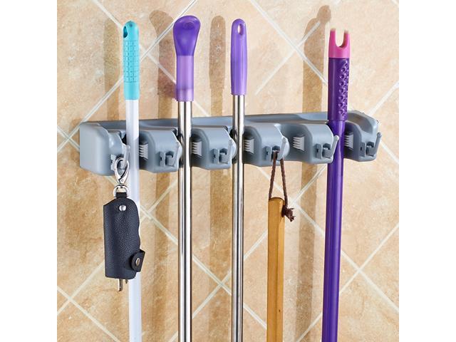 Multifunctional Wall Mounted Mop Brush Broom Holder Hanger Organizer Storage Rack - Grey (5 Position with 6 Hooks)