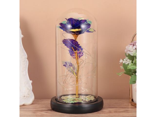 1Pc Simulative Rose LED Lamp Delicate Glass Rose Cover Decoration Desktop Night Light Layout Valentine Day Flower Gift (Goldleaf Blue Three Leaf)