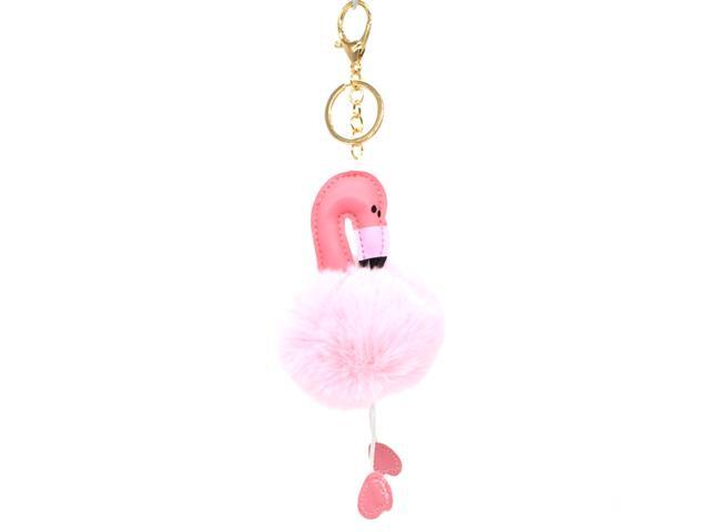 Cute Key Chains Flamingo Key Ring Fur Ball Pom Pom Keychain for Bag Cellphone Car Key Pendant (Dark Pink)
