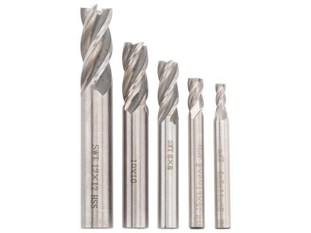 5Pcs HSS Straight 4 Flutes End Mill Cutter Twist Drill CNC Lathe Bit Set Tool Router Bits Kit 4/6/8/10/12mm for Copper Aluminum Wood