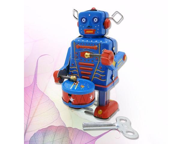 1pc Clockwork Drumming Robot Toy Tinplate Vintage Wind up Toy Childhood Memory Antique Toy