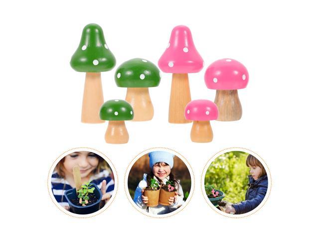 6pcs Adorable Wood Mini Mushroom Sculpture Miniature Garden Planter Ornaments