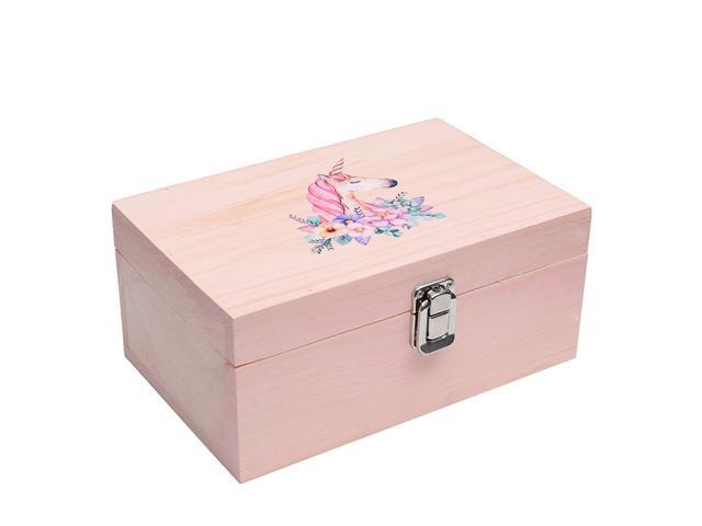 1Pc Wooden Storage Box Unicorn Pattern Jewelry Case Decorative Storage Box Pink
