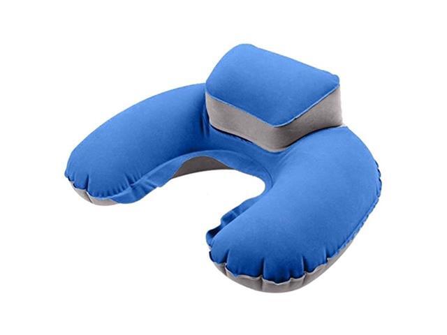 Flocking Pillow Inflatable U shape Air Pillow Durable Head Neck Cushion for Travel Camping Outdoor (Sapphire Blue with Earplug)