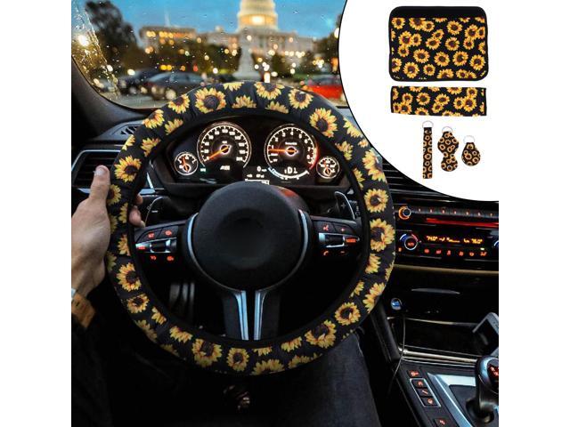1 Set Sunflower Steering Wheel Seat Belt Cover Car Accessories Set Car Interior Accessory for (Black and Yellow)