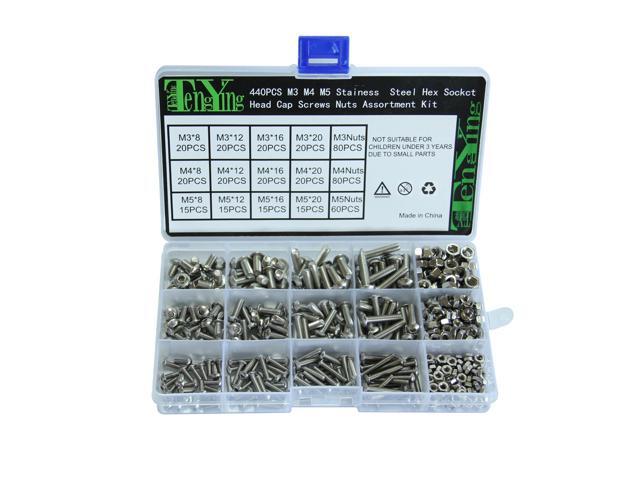 440pcs 304 Stainless Steel Truss Head Screw Nuts and Bolts Metric M3 M4 M5 Hex Socket Head Cap Screws Nuts Assortment Kit Screw Fasteners with Box