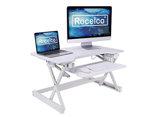 rocelco 32' height adjustable standing desk converter - sit stand computer workstation riser - dual monitor retractable keyboard tray gas spring