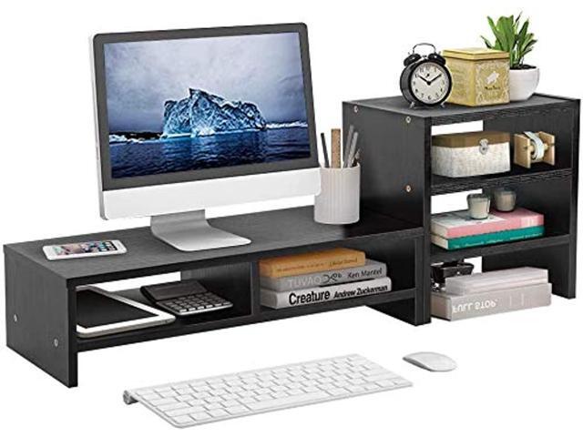 computer riser computer laptop monitor wooden riser stand desktop storage organizer with 3-layer shelf for home and office (black)
