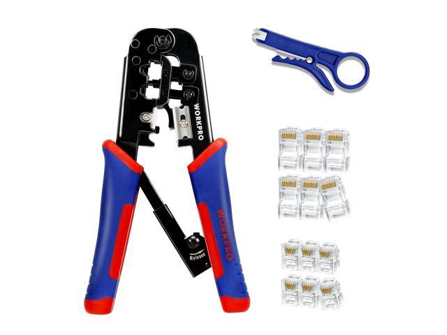 WORKPRO RJ45 Crimping Tool Kit RJ Ratcheting Crimper with 30-Piece 8P/RJ45 6P/RJ11 Insulated Terminals Bonus Mini Wire Stripper Included
