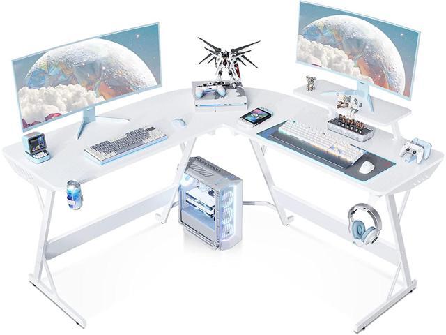 NeweggBusiness MOTPK White L Shaped Gaming Desk 51 Inch Gamer Desk Gaming Table with Carbon Fiber Texture Corner Computer Desk L Shape with Monitor Stand Cup Holder Headphone Hook