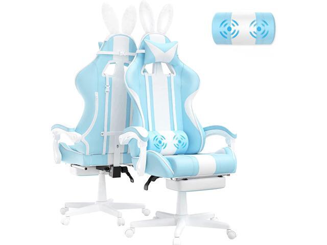 NeweggBusiness Ferghana Light Blue Gaming Chair with Bunny Ear Cute Massage Gaming Chairs for Adults Teens Office PC Gamer Chair with Footrest Kawaii Computer Game Chair for Girls Racing Reclining