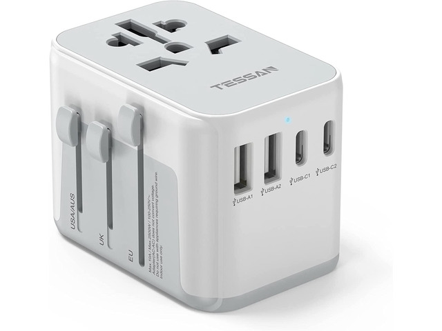 Universal All-in-One Travel Adapter & USB Charger - 100-250V, 4 Outlets, Foldable Plug (Green)