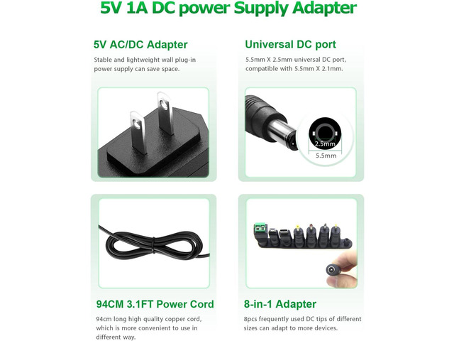 5V 1A AC/DC Power Adapter - 5.5mm X 2.1mm Universal Wall Charger Cord