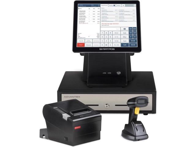 NeweggBusiness All in One SmartPOS 129 Professional Cash Register for Small Business POS System Bundle Includes Cashier Touch Screen Monitor Customer Facing Display Cash Drawer Wireless Scanner Therma...