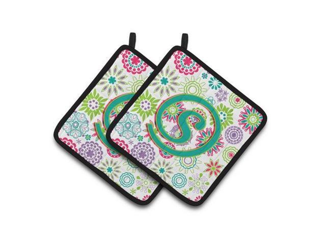 Carolines Treasures CJ2011-SPTHD Letter S Flowers Pink Teal Green Initial Pair of Pot Holders 75 x 3 x 75 in