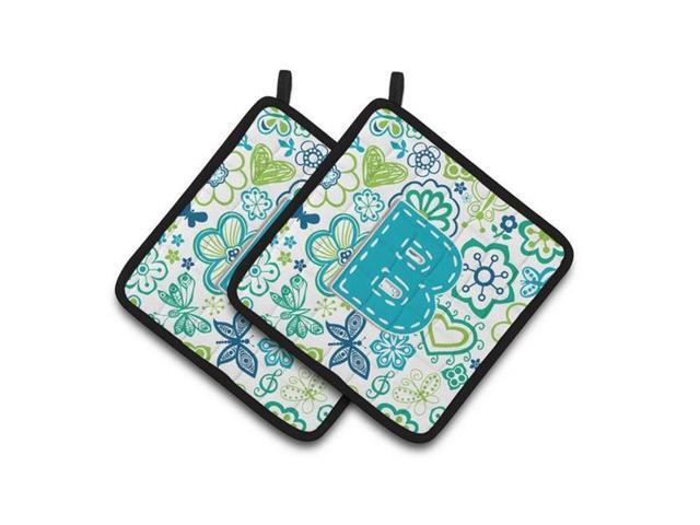 Carolines Treasures CJ2006-BPTHD Letter B Flowers & Butterflies Teal Blue Pair of Pot Holders 75 x 3 x 75 in