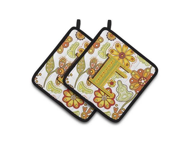 Carolines Treasures CJ2003-EPTHD Letter E Floral Mustard & Green Pair of Pot Holders 75 x 3 x 75 in