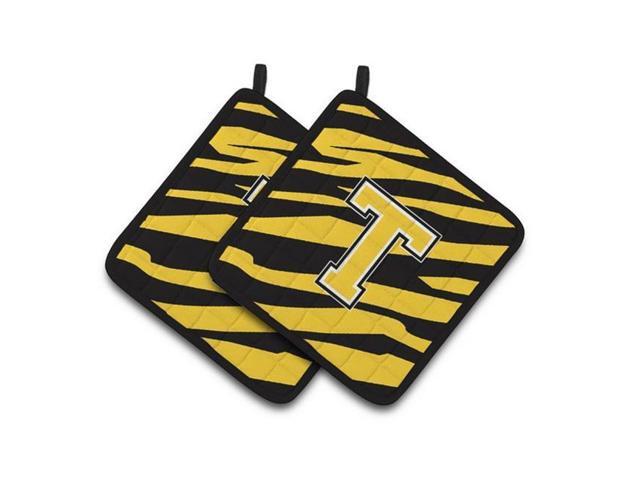 Carolines Treasures CJ1026-TPTHD Monogram Initial T Tiger Stripe - Black Gold Pair of Pot Holders 75 x 3 x 75 in