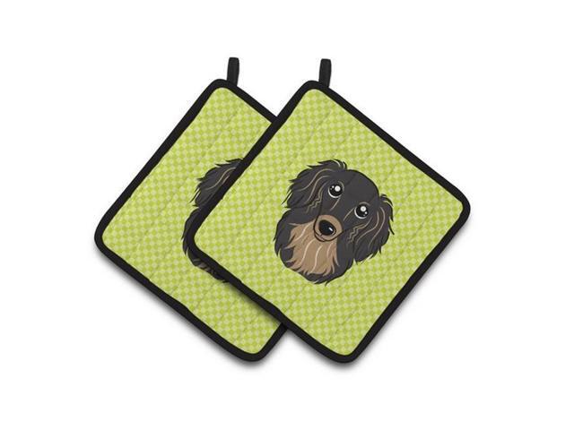 Carolines Treasures BB1275PTHD Checkerboard Lime Green Longhair Black & Tan Dachshund Pair of Pot Holders 75 x 3 x 75 in