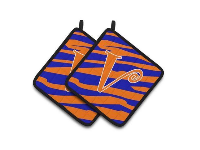 Carolines Treasures CJ1036-VPTHD Monogram Initial V Tiger Stripe Blue & Orange Pair of Pot Holders 75 x 3 x 75 in