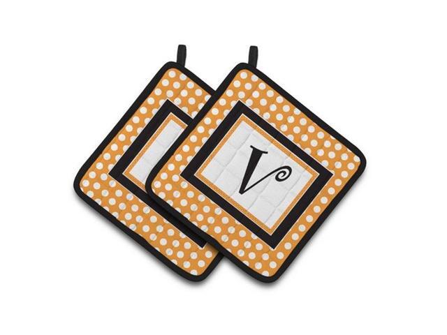 Carolines Treasures CJ1033-VPTHD Monogram Initial V Orange Polkadots Pair of Pot Holders 75 x 3 x 75 in