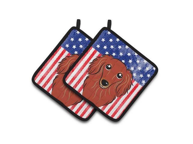 Carolines Treasures BB2144PTHD American Flag & Longhair Red Dachshund Pair of Pot Holders 75 x 3 x 75 in