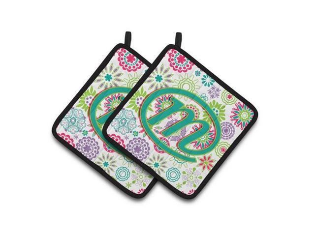 Carolines Treasures CJ2011-MPTHD Letter M Flowers Pink Teal Green Initial Pair of Pot Holders 75 x 3 x 75 in