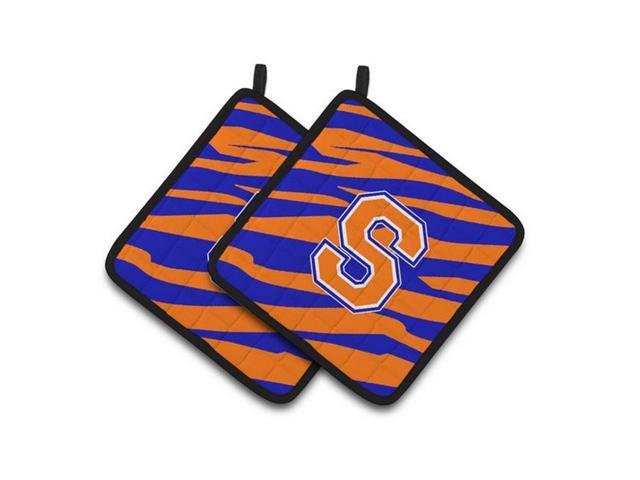 Carolines Treasures CJ1023-SPTHD Monogram Initial S Tiger Stripe - Blue Orange Pair of Pot Holders 75 x 3 x 75 in
