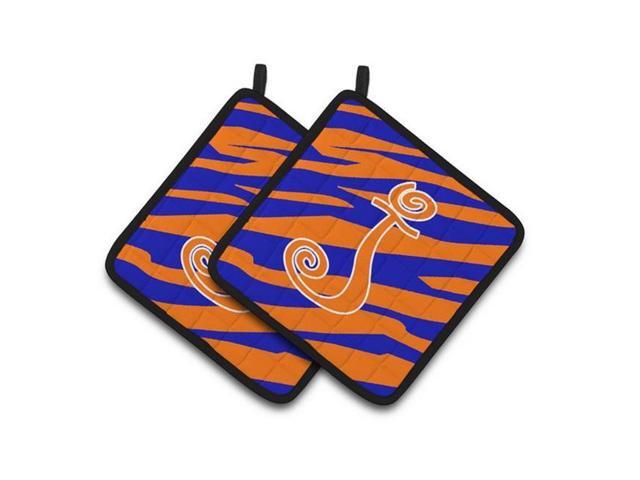 Carolines Treasures CJ1036-JPTHD Monogram Initial J Tiger Stripe Blue & Orange Pair of Pot Holders 75 x 3 x 75 in