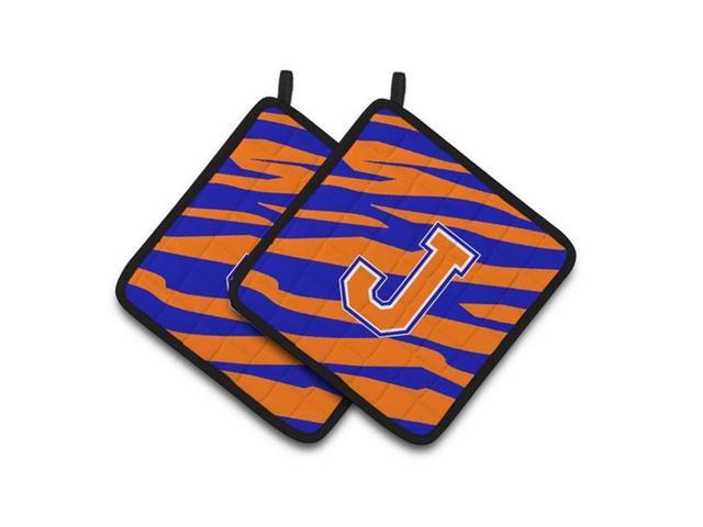 Carolines Treasures CJ1023-JPTHD Monogram Initial J Tiger Stripe - Blue Orange Pair of Pot Holders 75 x 3 x 75 in