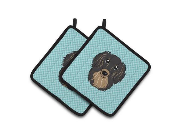 Carolines Treasures BB1151PTHD Checkerboard Blue Longhair Black & Tan Dachshund Pair of Pot Holders 75 x 3 x 75 in