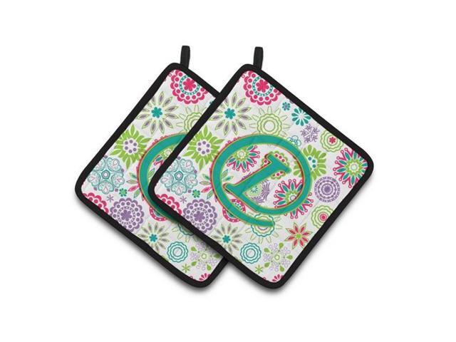 Carolines Treasures CJ2011-LPTHD Letter L Flowers Pink Teal Green Initial Pair of Pot Holders 75 x 3 x 75 in