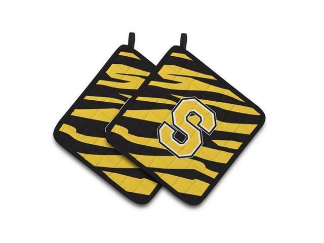 Carolines Treasures CJ1026-SPTHD Monogram Initial S Tiger Stripe - Black Gold Pair of Pot Holders 75 x 3 x 75 in