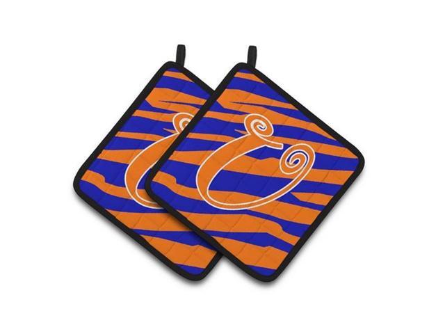 Carolines Treasures CJ1036-UPTHD Monogram Initial U Tiger Stripe Blue & Orange Pair of Pot Holders 75 x 3 x 75 in
