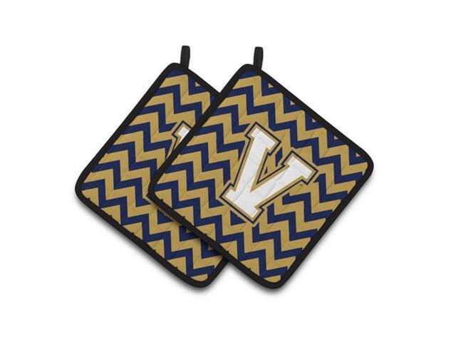 Carolines Treasures CJ1057-VPTHD Letter V Chevron Navy Blue & Gold Pair of Pot Holders 75 x 3 x 75 in