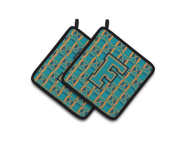 Carolines Treasures CJ1063-FPTHD Letter F Football Aqua Orange & Marine Blue Pair of Pot Holders 75 x 3 x 75 in