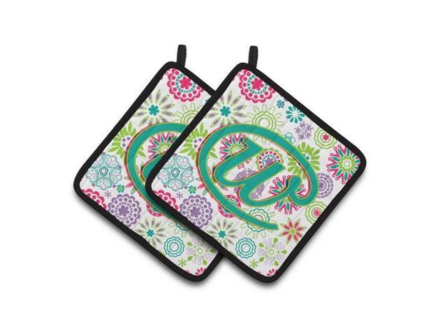 Carolines Treasures CJ2011-WPTHD Letter W Flowers Pink Teal Green Initial Pair of Pot Holders 75 x 3 x 75 in