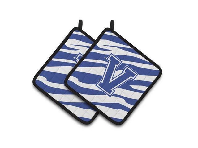 Carolines Treasures CJ1034-VPTHD Monogram Initial V Tiger Stripe Blue & White Pair of Pot Holders 75 x 3 x 75 in