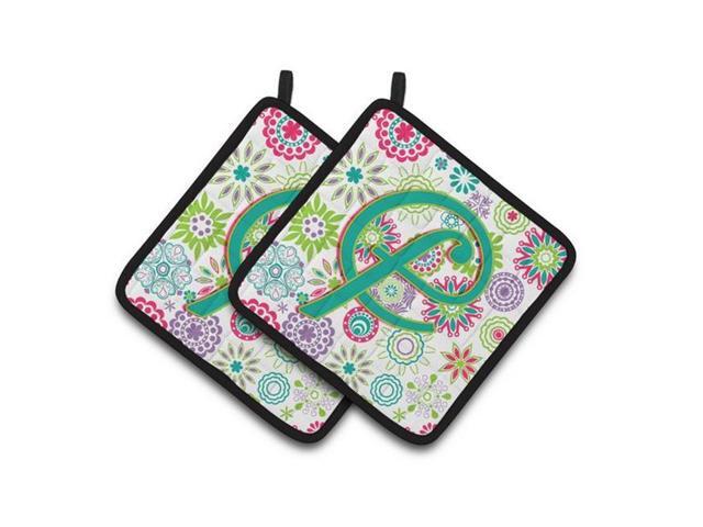 Carolines Treasures CJ2011-FPTHD Letter F Flowers Pink Teal Green Initial Pair of Pot Holders 75 x 3 x 75 in