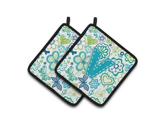 Carolines Treasures CJ2006-VPTHD Letter V Flowers & Butterflies Teal Blue Pair of Pot Holders 75 x 3 x 75 in