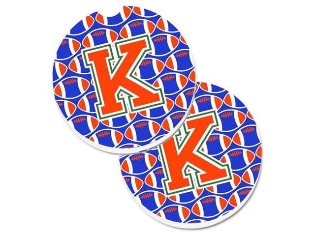 Carolines Treasures CJ1083-KCARC Letter K Football Green with Blue & Orange Set of 2 Cup Holder Car Coaster
