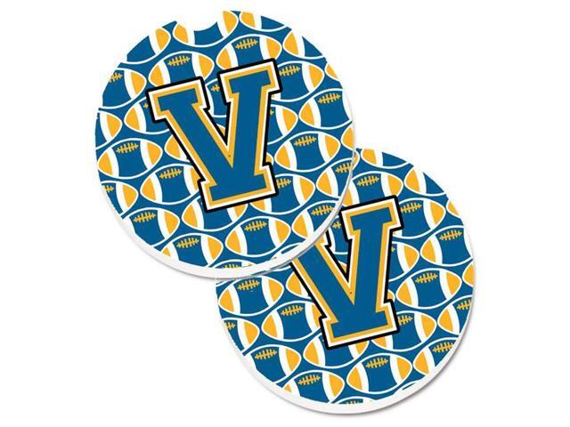 Carolines Treasures CJ1077-VCARC Letter V Football Blue & Gold Set of 2 Cup Holder Car Coaster