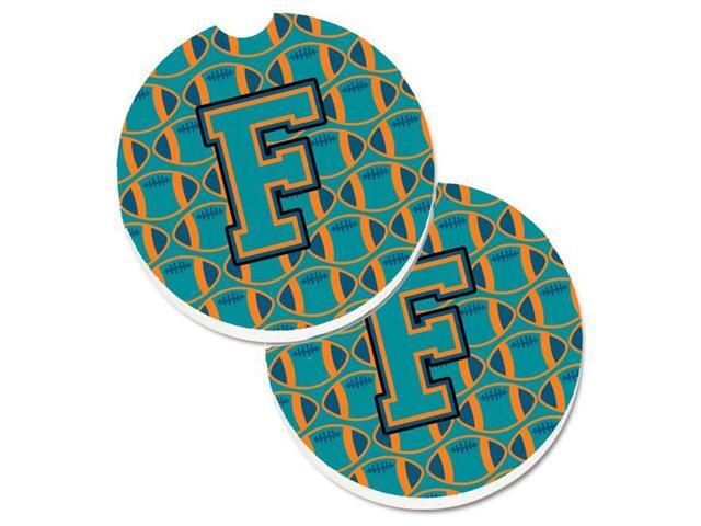 Carolines Treasures CJ1063-FCARC Letter F Football Aqua with Orange & Marine Blue Set of 2 Cup Holder Car Coaster