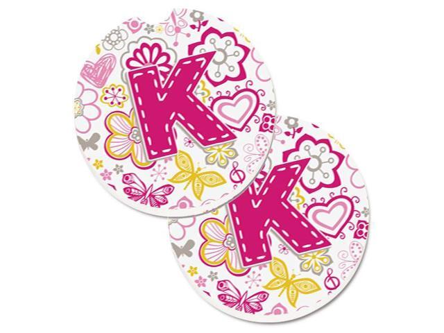 Carolines Treasures CJ2005-KCARC Letter K Flowers & Butterflies Pink Set of 2 Cup Holder Car Coaster