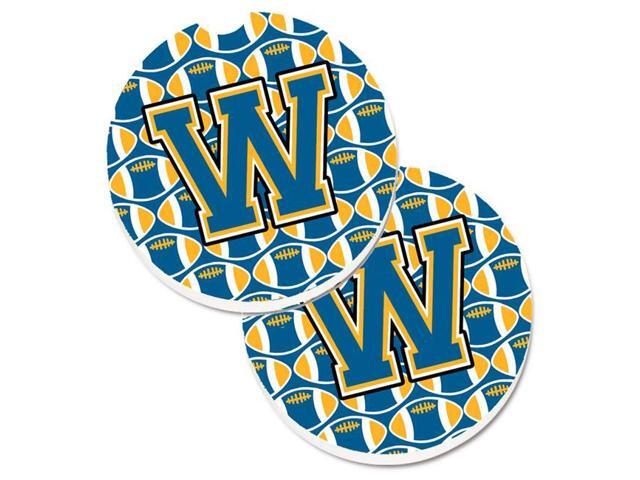 Carolines Treasures CJ1077-WCARC Letter W Football Blue & Gold Set of 2 Cup Holder Car Coaster