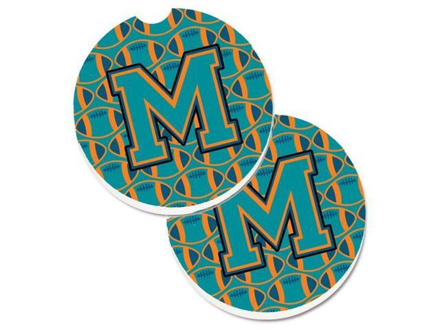 Carolines Treasures CJ1063-MCARC Letter M Football Aqua with Orange & Marine Blue Set of 2 Cup Holder Car Coaster